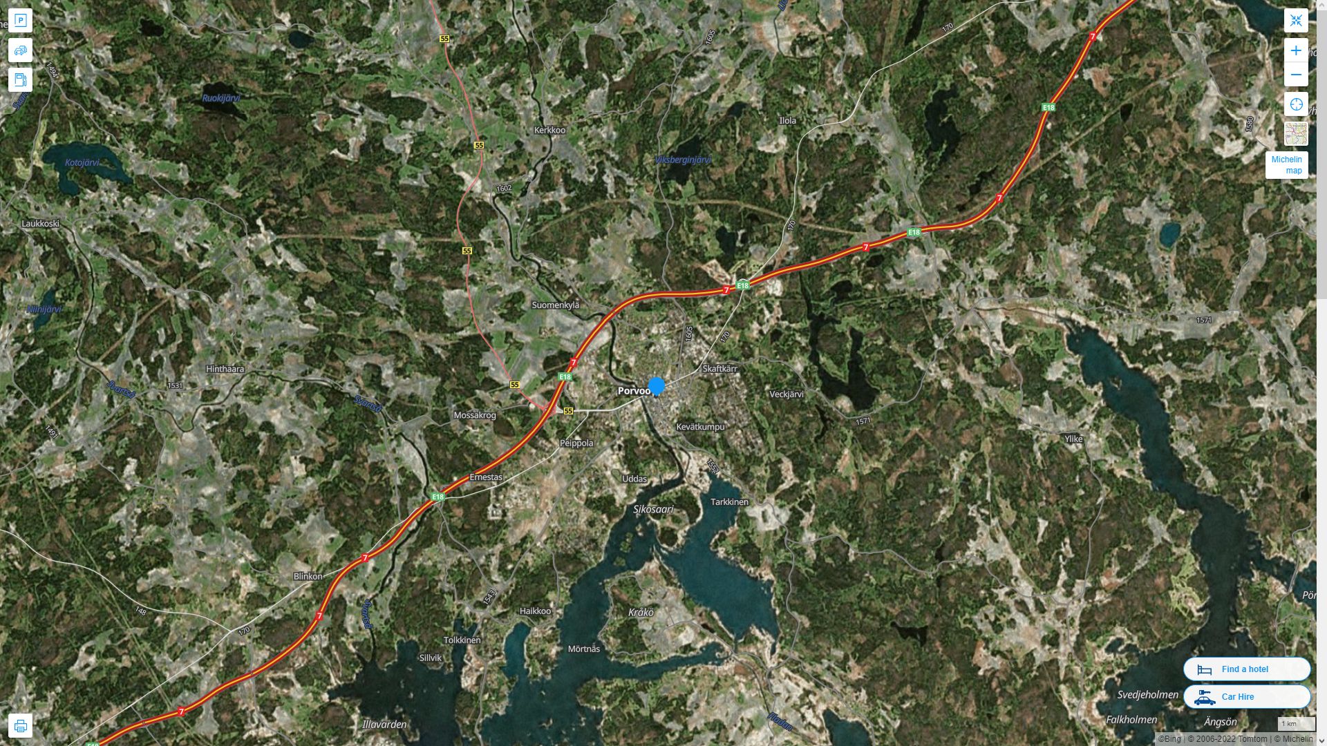 Porvoo Finlande Autoroute et carte routiere avec vue satellite